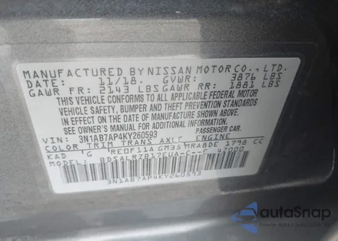 2019 Nissan Sentra from USA, damaged, VIN 3N1AV7AP4KY260593